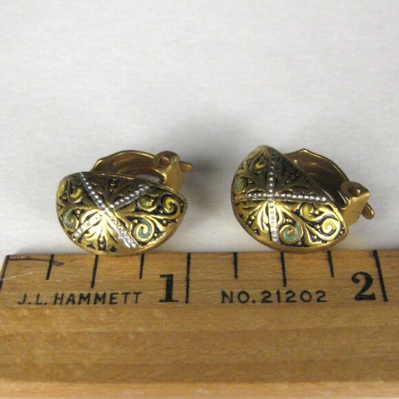 Earrings CLIP ON Imitation Toledo Damscene Goldtone Vintage Spain Button Byzanti - Picture 6 of 6